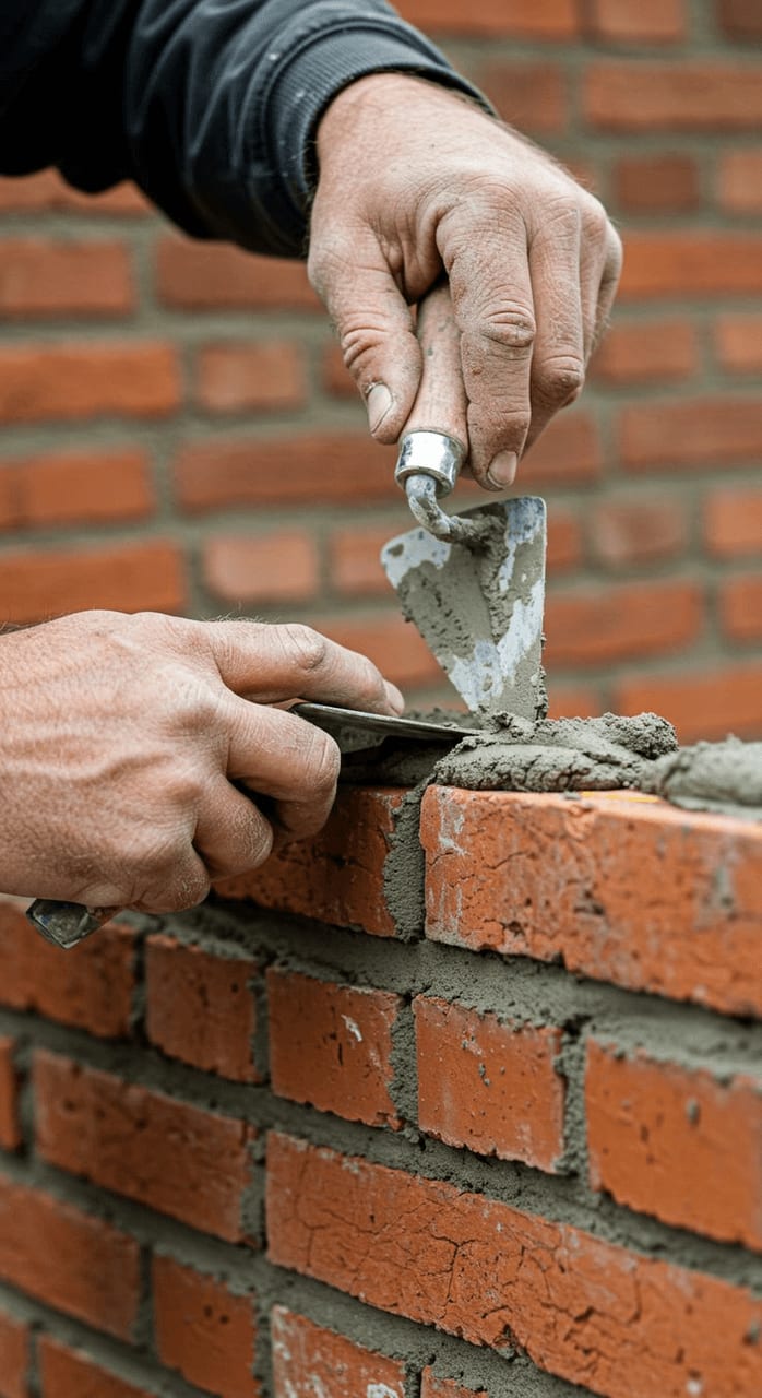 Manos construyendo un muro de ladrillo rústico